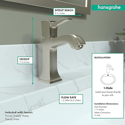 Miniatura 4 de hansgrohe Metropol 31300821 - Grifo clásico clásico para lavabo de baño de 1 manija y 8 pulgadas de alto en níquel cepillado, 31300821