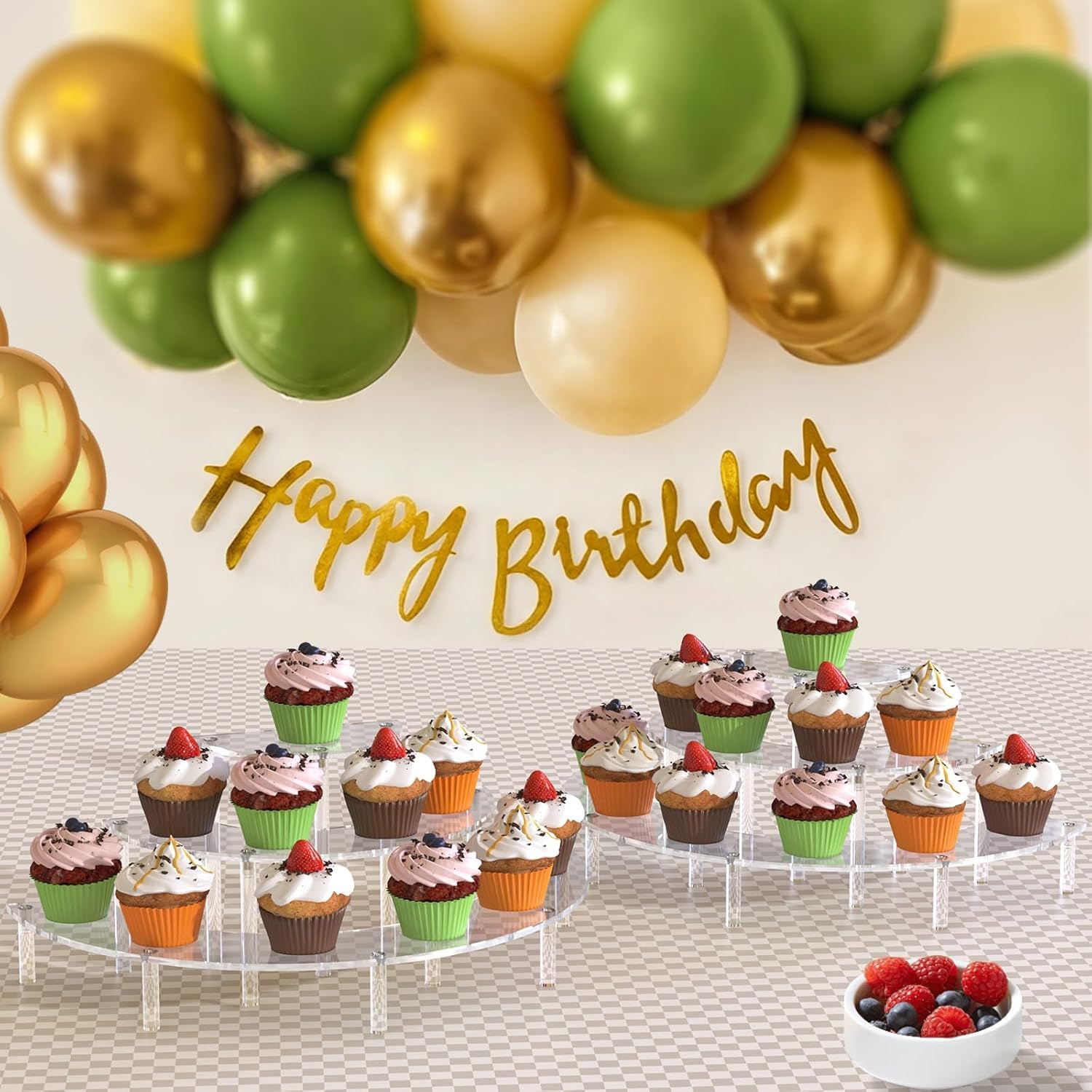 LATERN 2 Pezzi Espositore in Acrilico, 3 Livelli Mezzaluna Organizzatore Espositivo Grande Trasparente per Profumi Cupcake Figure Dessert Cosmetici Lozione Crema Acqua di Colonia (38CM x 15CM)