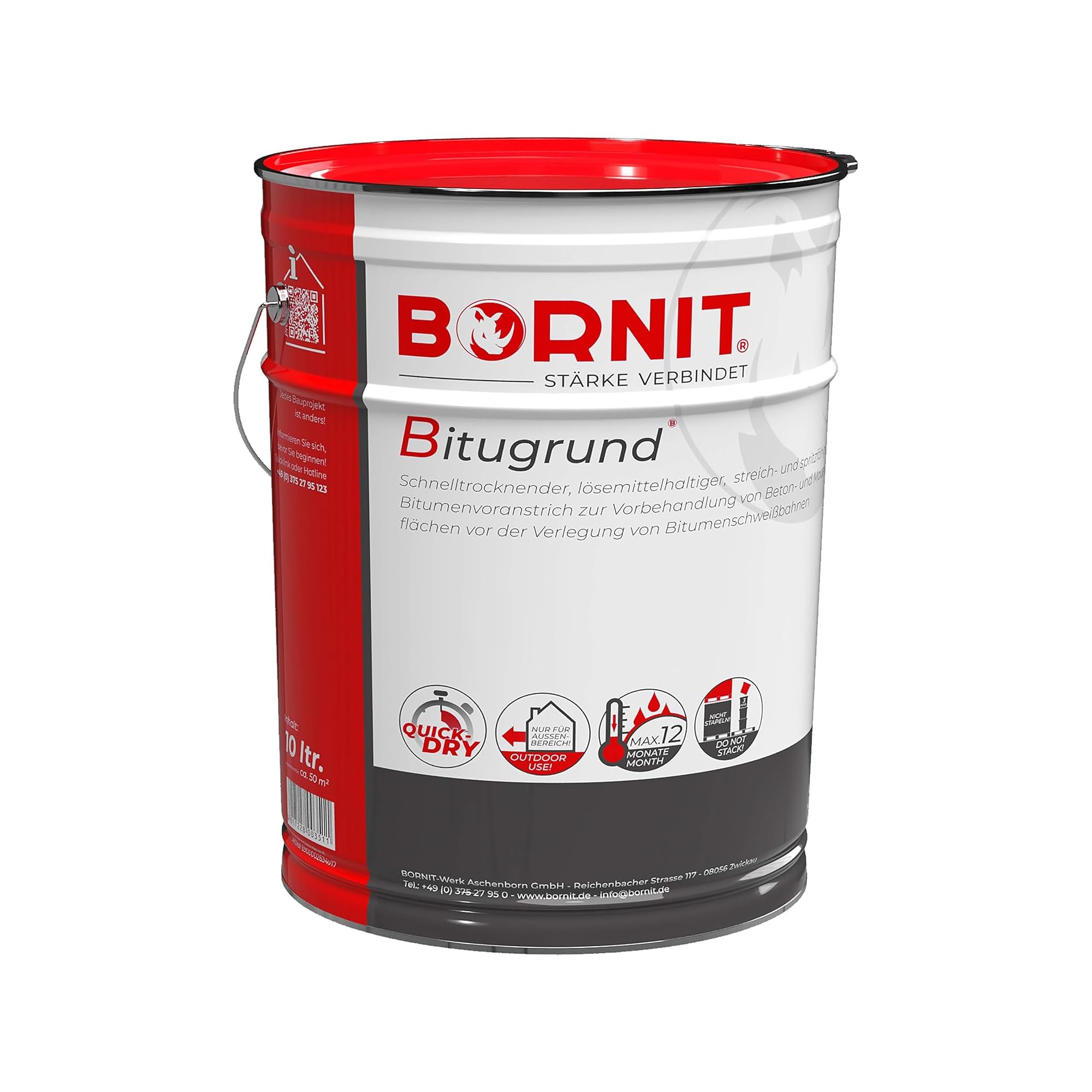 BORNIT Bitugrund 10L Primer schnelltrocknend, Bitumen Grundierung | [geprüft EN15322] Tiefengrund lösemittelhaltig Haus Garage Vordach Gartenhaus Beton Mauerwerk Metall Dachpappe Tiefgrund Putz