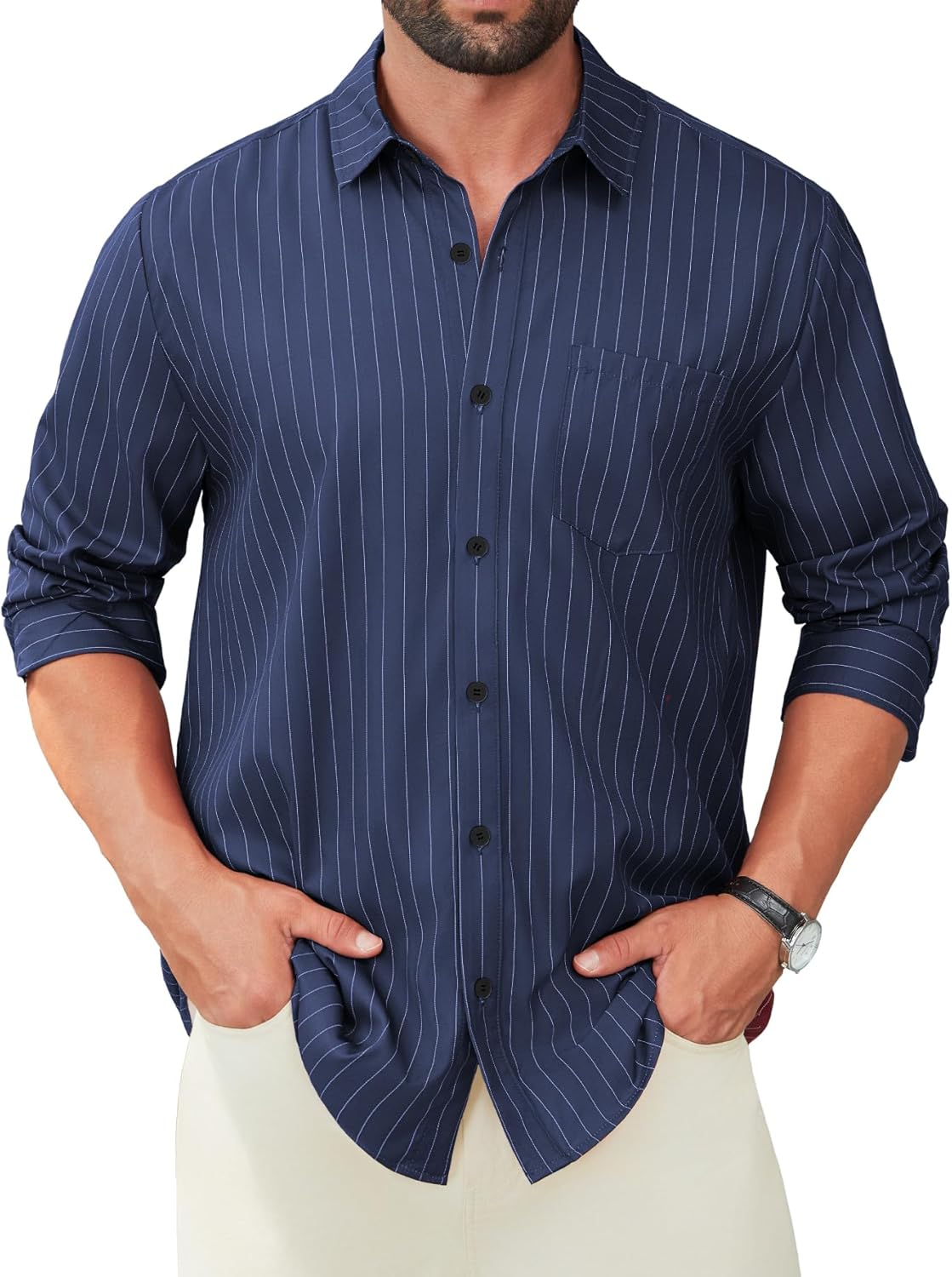 Hardaddy Men's Casual Striped Shirts Button Down Long Sleeve Blouse for Men Fall Winter