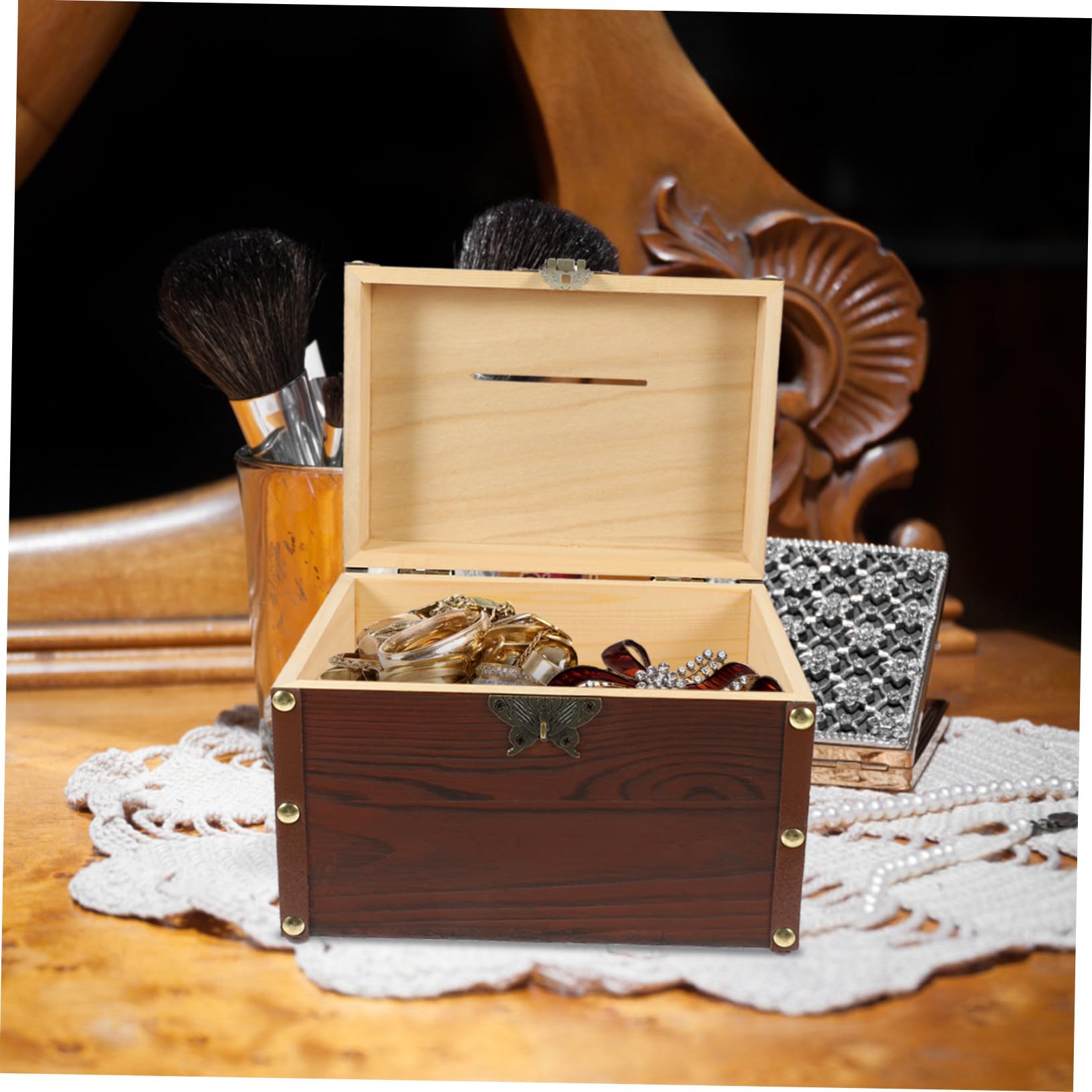 Caja de Ahorros de Madera Marrón Estilo Retro en Forma de Cofre