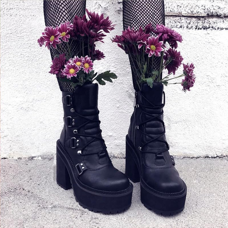 AMINUGAL Black Platform Combat Boots - Women's Punk Goth Motorcycle Riding Wedges Block Heel Booties Lace Up Ankle Boots - Size 7