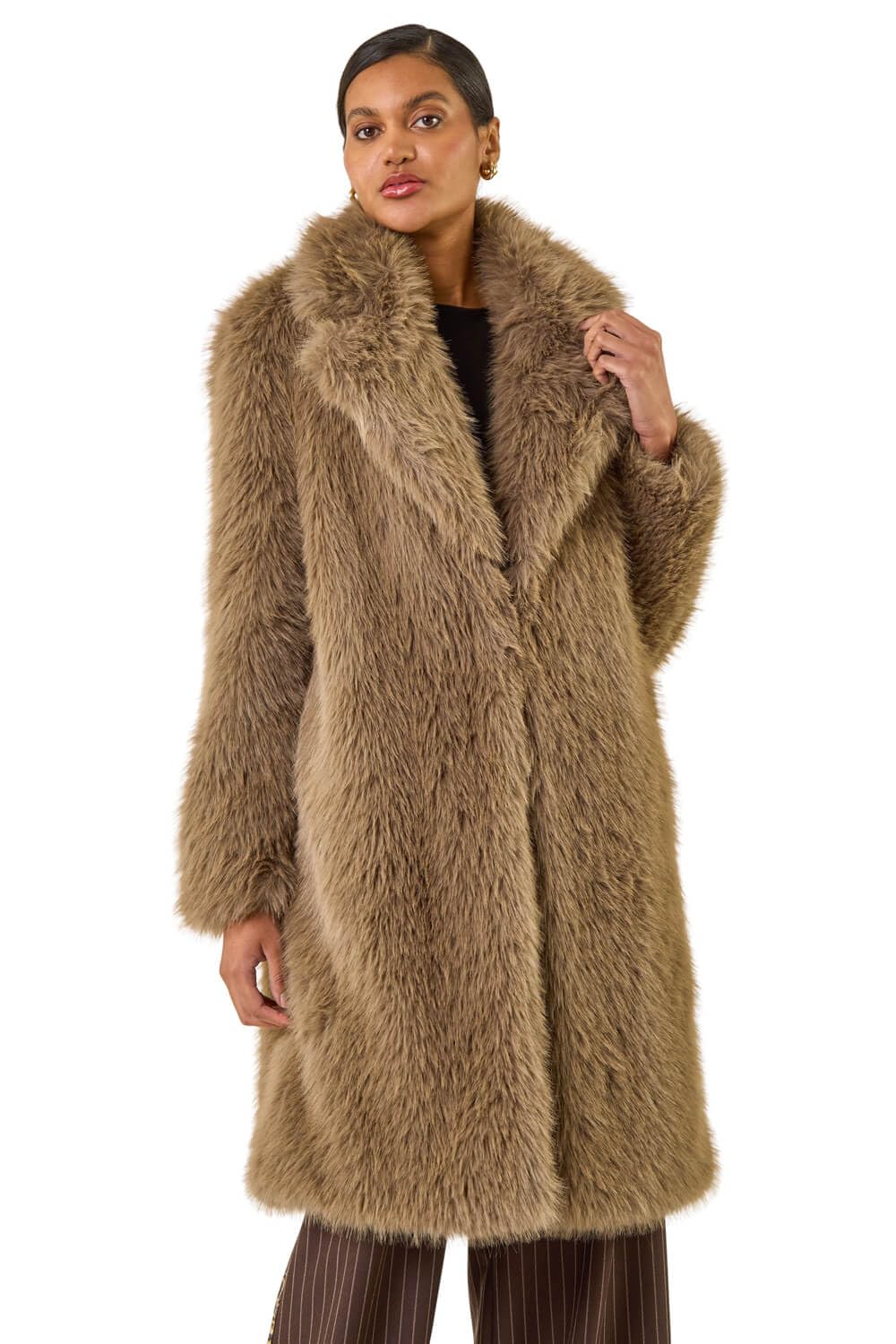 Roman Originals Women's Brown Faux Fur Coat - Jackets Teddy Bear Plush Casual Soft Fluffy Textured Oversized Warm Cosy Autumn Winter Flattering - Size 20