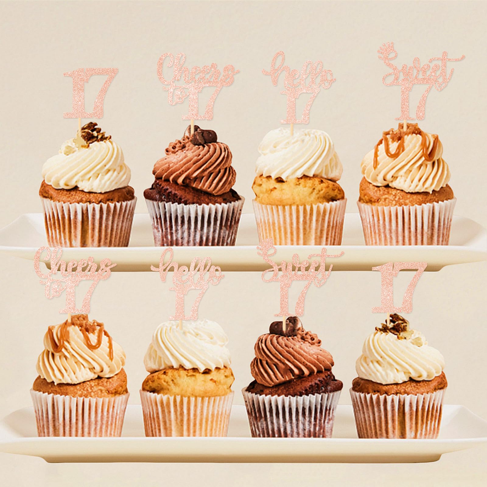 Bng-bng Tortenaufsatz 17. Geburtstag – Roségold, Glitzernd, Happy 17th Birthday, Cupcake-Topper 8 Stück, Partydeko Für Mädchen, Mit Zahnstochern
