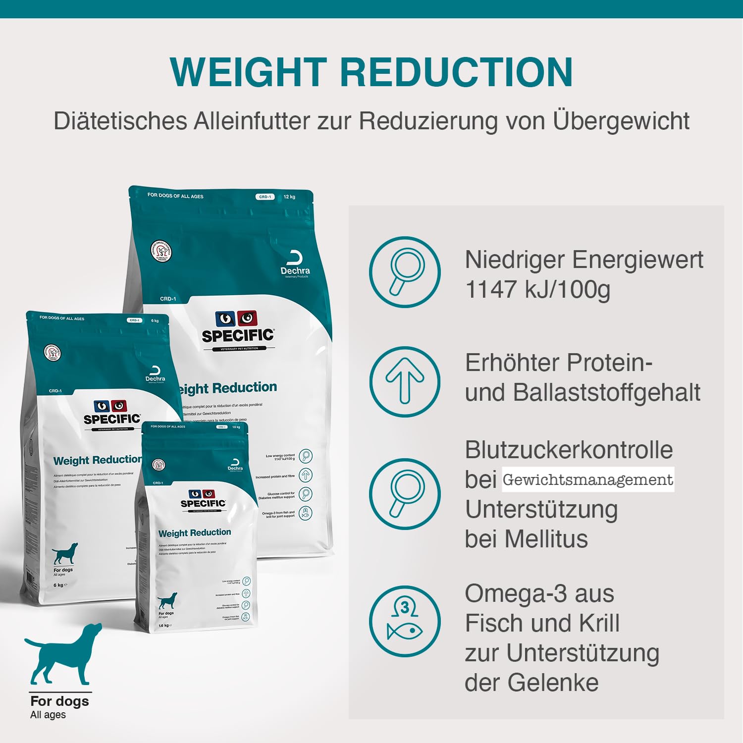 SPECIFIC® Weight Reduction (CRD-1) 12kg - Diätetisches Trockenfutter für Hunde - Hoher Proteingehalt - Fett- und Kalorienarm - Für übergewichtige Hunde - DECHRA Veterinary Products