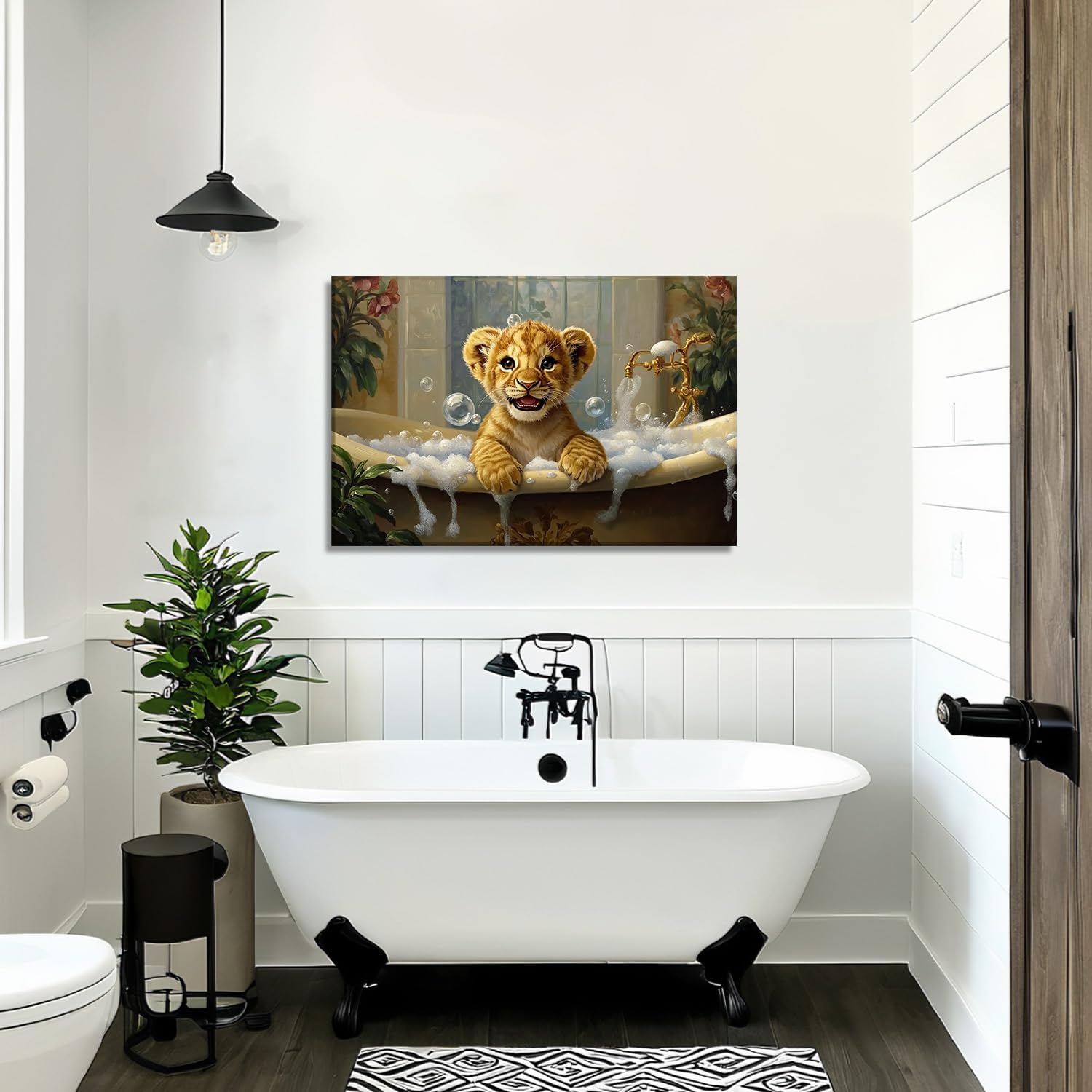 ライオン バスルーム キャンバスアート 壁装飾 額入り かわいいカブの浴槽 絵 ベビーサファリ ポスター 絵画 キッズ プリント 自