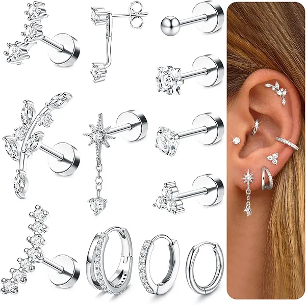 MILACOLATO 16G Cartilage Earrings for Women 14K Gold Plated Flat Back Earrings Hypoallergenic Surgical Stainless Steel Earrings for Women Trendy Small Stud Hoop Earrings Set Tragus Helix Daith Conch Piercing Jewelry