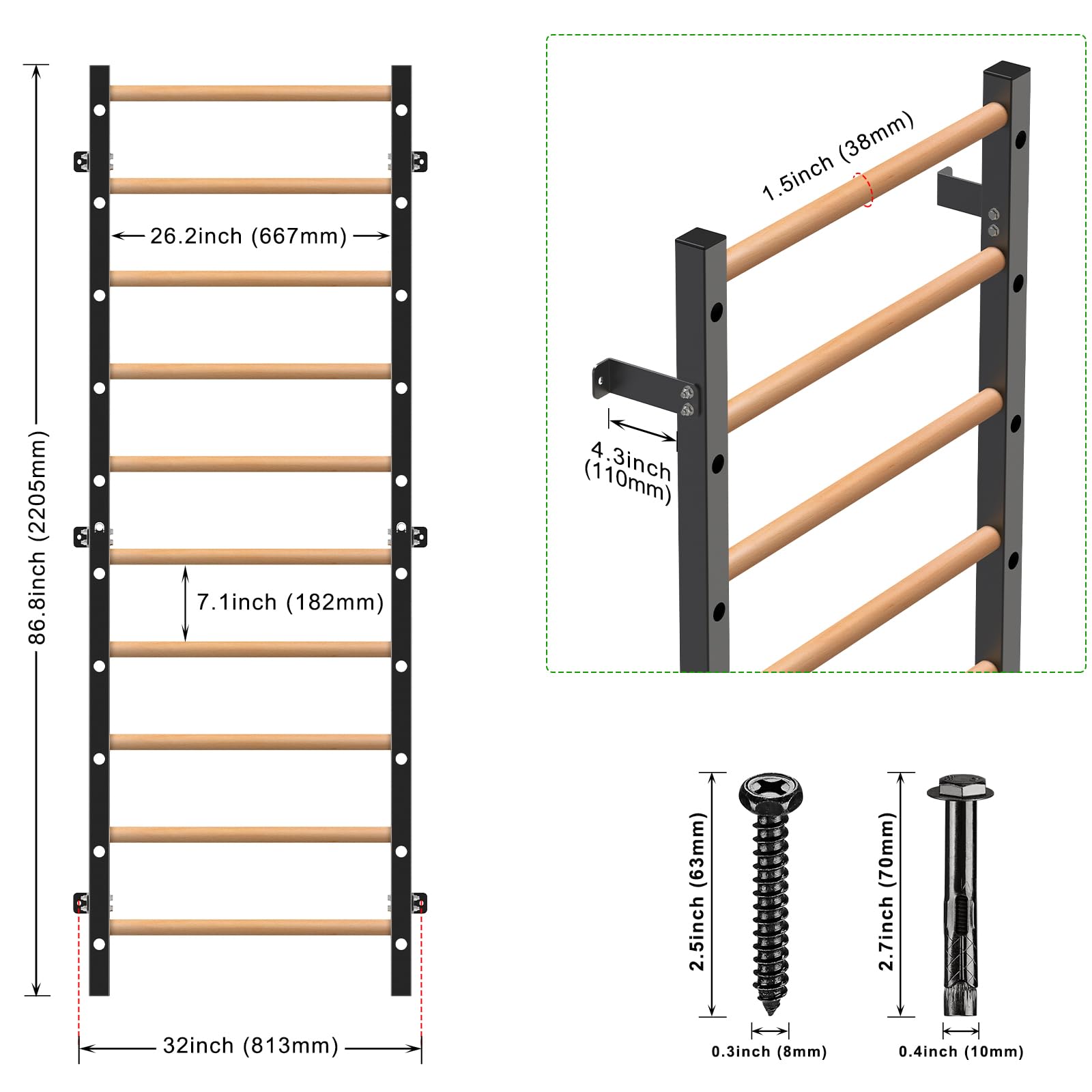 Kipika Turnreck – 5,1 x 5,1 cm schwedische Leiter mit 2,5 cm Loch, wandmontierter Klimmzugstangen-Leiter-Schlingentrainer, Gymnastik-Trainingsreck mit Massivholzgriffen für Zuhause, Wandturnhalle