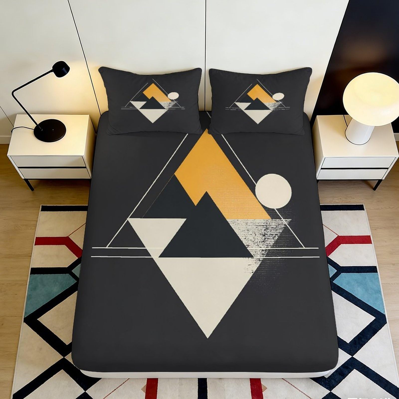 3D Printed Geometric Abstract Fitted Sheet Microfiber Soft Non-slip Modern Triangle Bed Cover for Bedroom Guest Room Decor 90x200x25cm
