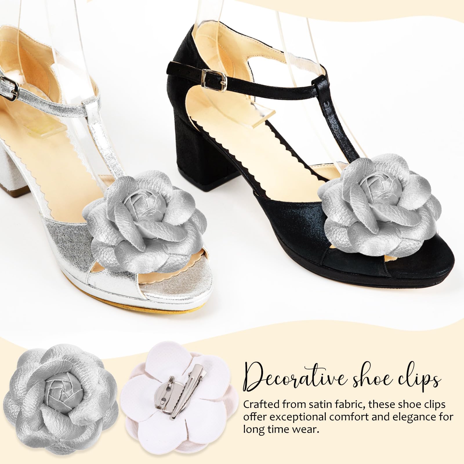 VALICLUD 2PCS Silver Leather Rose Flower Shoe Clips with 6.5cm Duckbill Brooch Pins Satin Fabric Shoe Jewelry Clips for Heels and Flats Removable Floral Footwear Charms — view 8