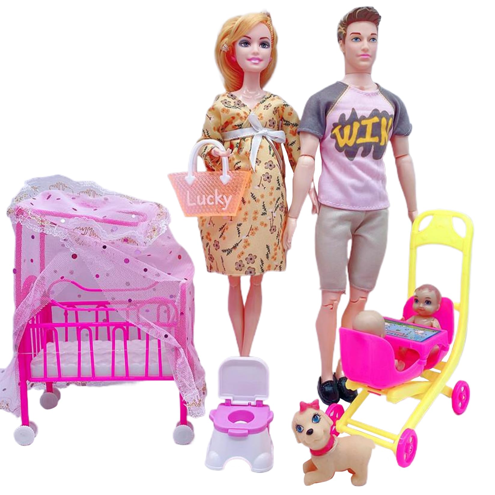 Otbushit Family Doll Set Movable Joint Pregnant Doll with Baby in Tummy, Dad and 2 Kids, and Other Accessoires