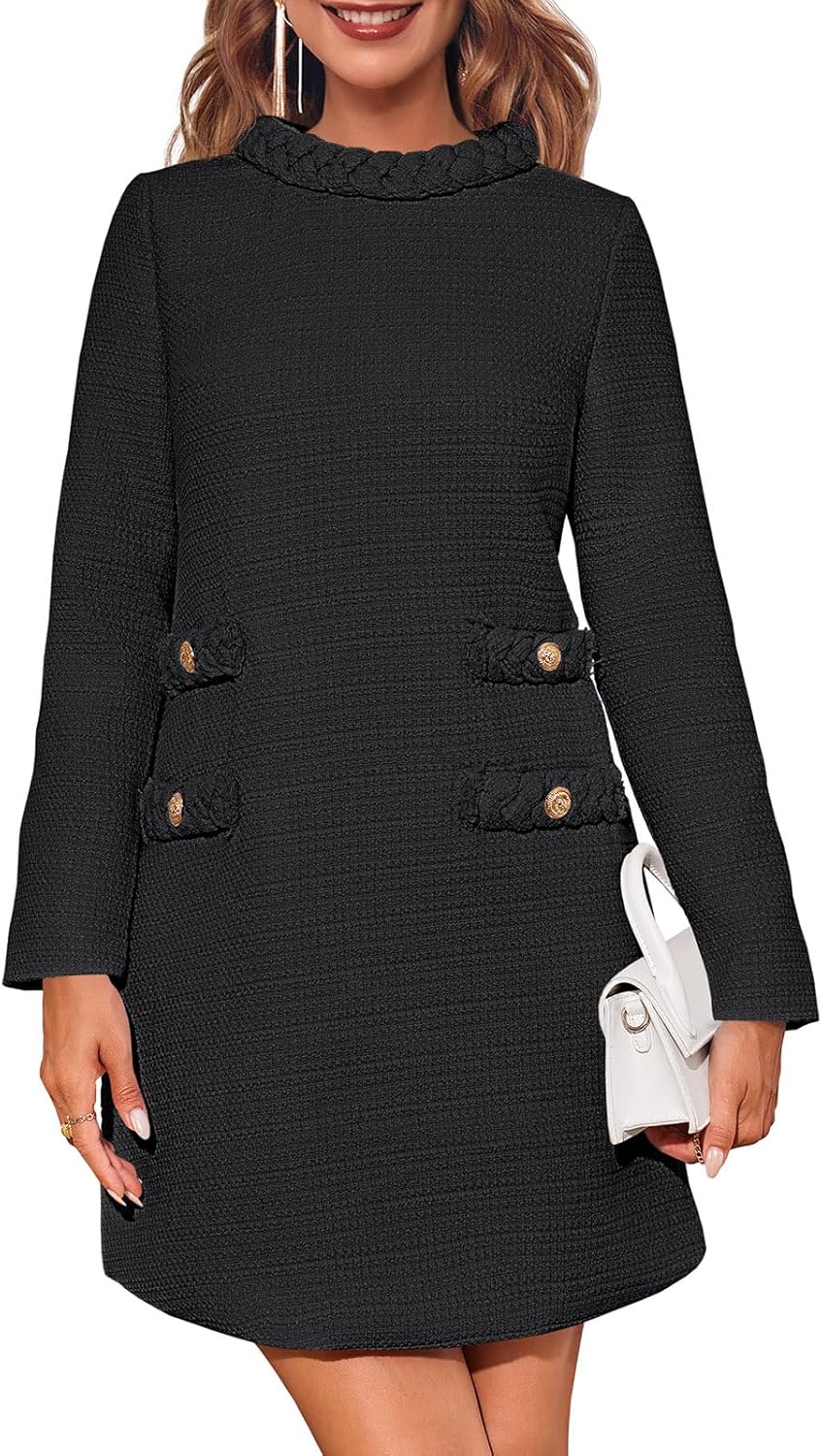 Wenrine Womens Long Sleeve Tweed Dress Work Office Elegant Textured Classy Casual Formal Shift Mini Dress