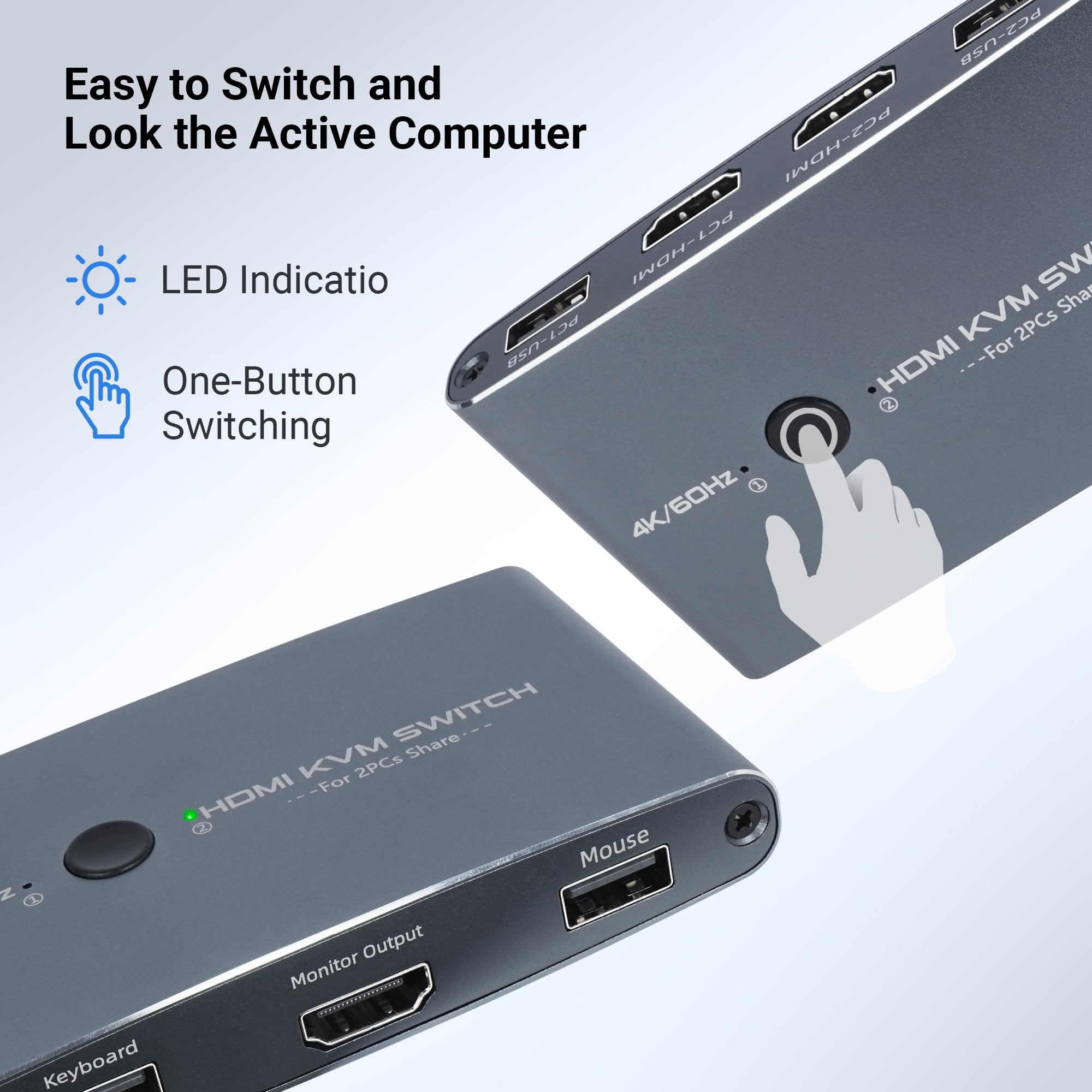 Switch KVM HDMI 2 Puertos 4K 60 Hz, Conmutador Aluminio USB Para 2 Ordenadores Conectar 1 Monitor HD, Teclado, Ratón, Impresora, Disco U