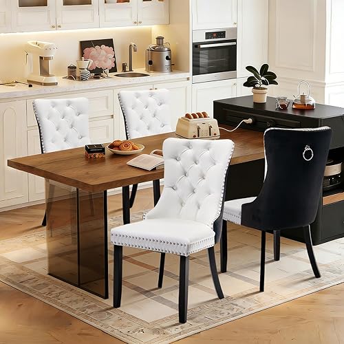 Miniatura 23 de Juego de 6 sillas de comedor de cuero, sillas laterales con respaldo alto, silla lateral tapizada moderna con anillo trasero de botón, patas de negro