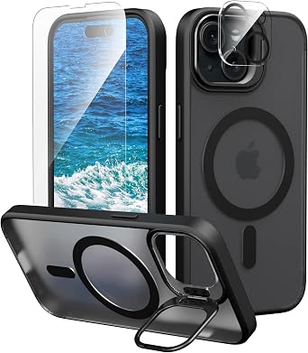 IDweel for iPhone 15 Case with Screen Protector & Camera Lens Protector,Compatible with MagSafe,Built-in Camera Stash Stand,Magnetic Hard Back Soft Edge Anti-Fingerprint Flexible Cover,Black