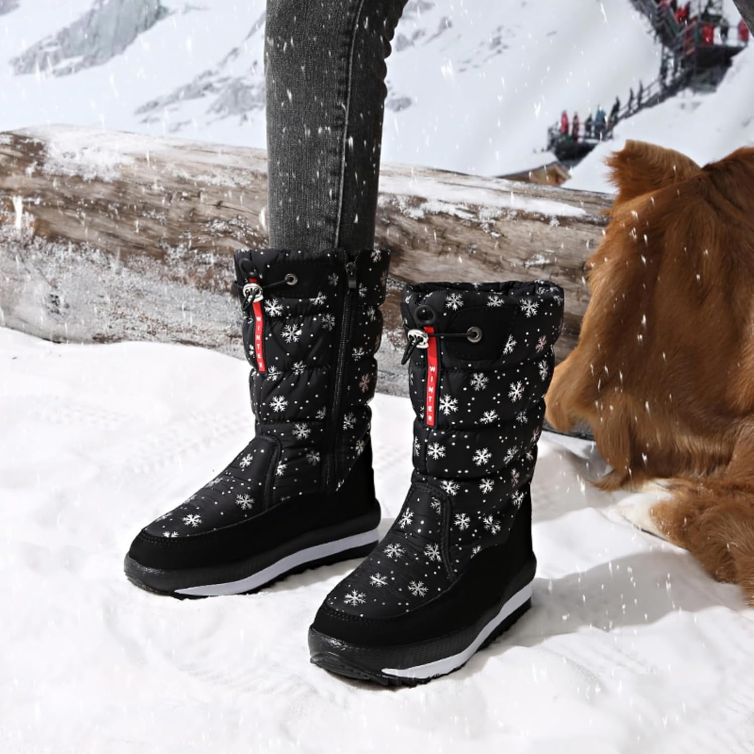 Black Snowflake Print Winter Snow Boots - Waterproof Warm Mid-Calf Boots | Non-Slip Thick Sole Footwear for Ski Trips, Cold Days & Festive Winter Ensembles