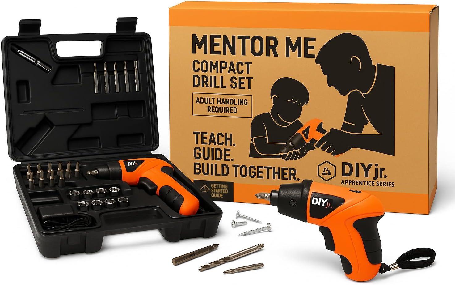 Mentor Me Real Cordless Drill Set for Kids - Parent-Guided Learning Power Tool Kit with LED Light, Charger & Case - Educational STEM Tool for Boys & Girls - Adult Handling Required