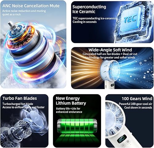 Miniatura 5 de Mini ventilador turbo de mano portátil, recargable por USB con 12-16 horas de trabajo y banco de energía integrado, ideal para exteriores, viajes,