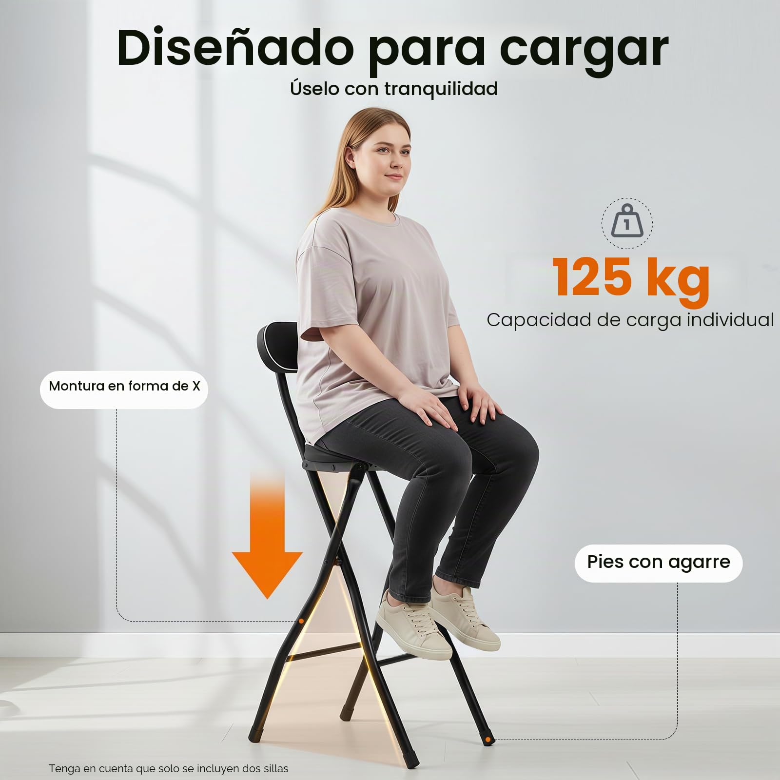 Juego de 2 taburetes de bar plegables con respaldo y cierre de seguridad, 65 cm de alto, para bar, mostrador y exterior