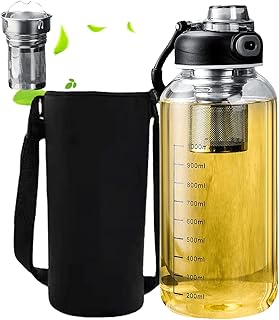 Glas-Trinkflasche, 1 Liter wiederverwendbar Glasflasche, Teeflasche mit Sieb to go mit Neoprenhülle und Edelstahl-Sieb, Wasserflasche Trinkflasche Glas für Sport, Büro, Schule & Outdoor (1000ML)