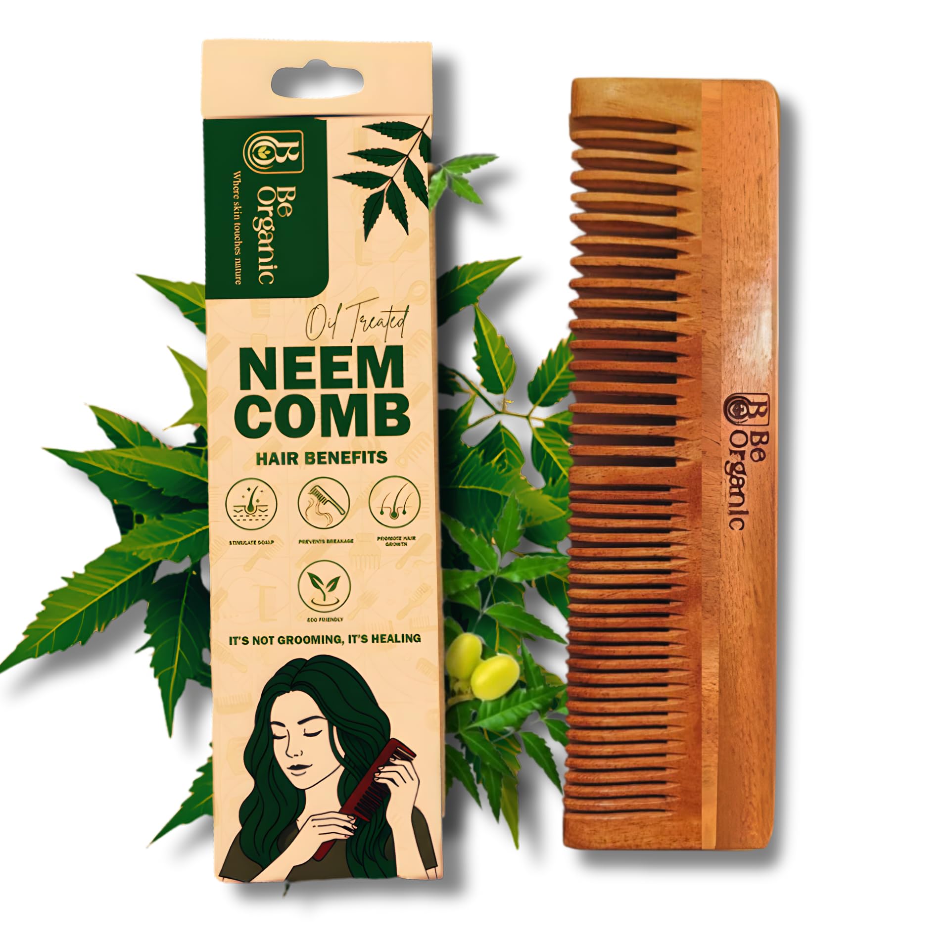 Be Organic kachi Neem oil treated Dual Tooth comb-Soaked in Herbs like Neem and virgin coconut oil for Multi-action to Hairs.-image-25