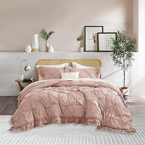 Blush Pink Comforter Set for Bedroom, Dormitory 3 PCS Warm Lightweight Quilted Comforter Set for Cold Sleeper 80x90 Ordinary Ruffled Bedding Set, Full Size