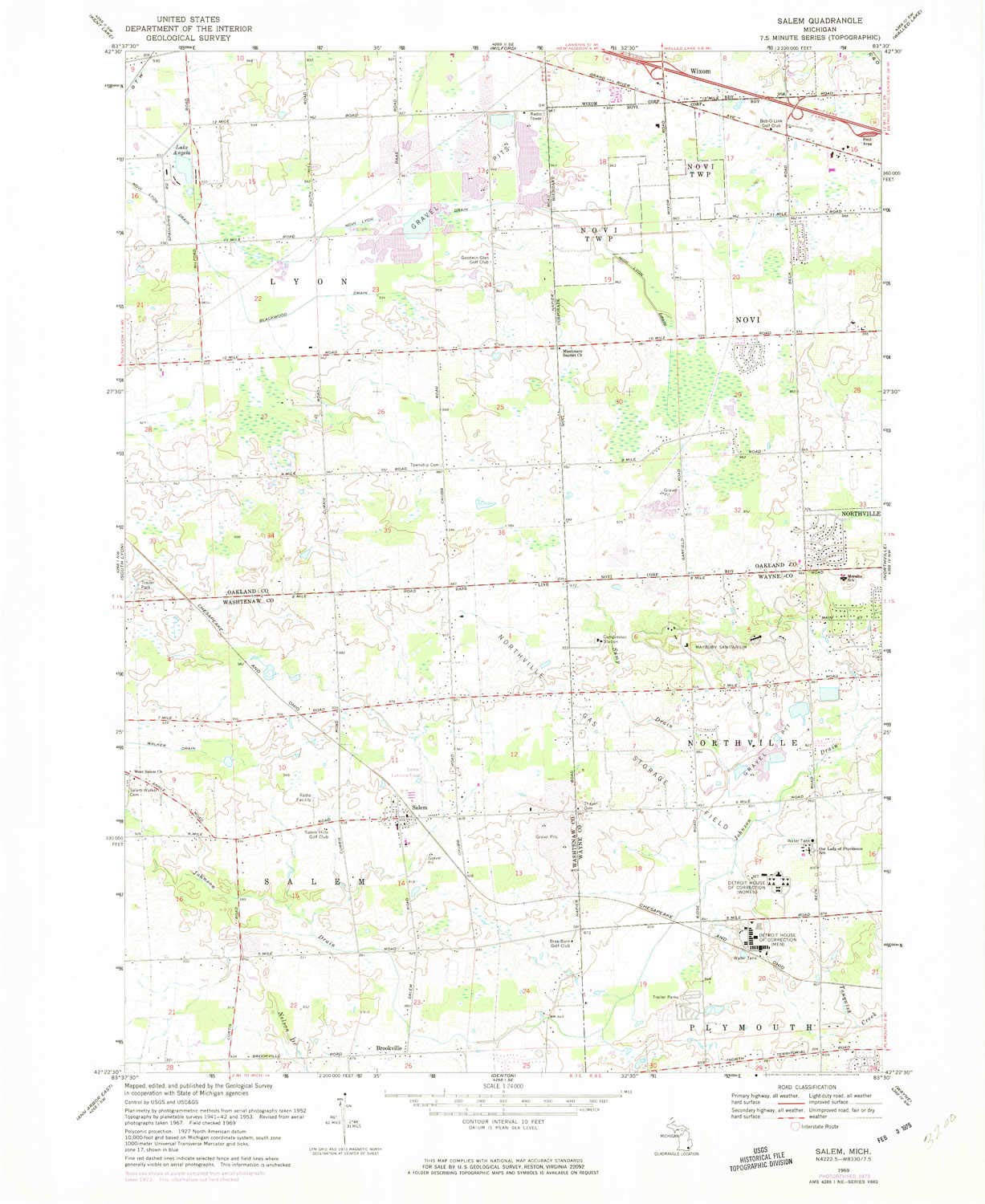 YellowMaps Salem MI topo map, 1:24000 Scale, 7.5 X 7.5 Minute, Historical, 1969, Updated 1974, 26.9 x 22 in