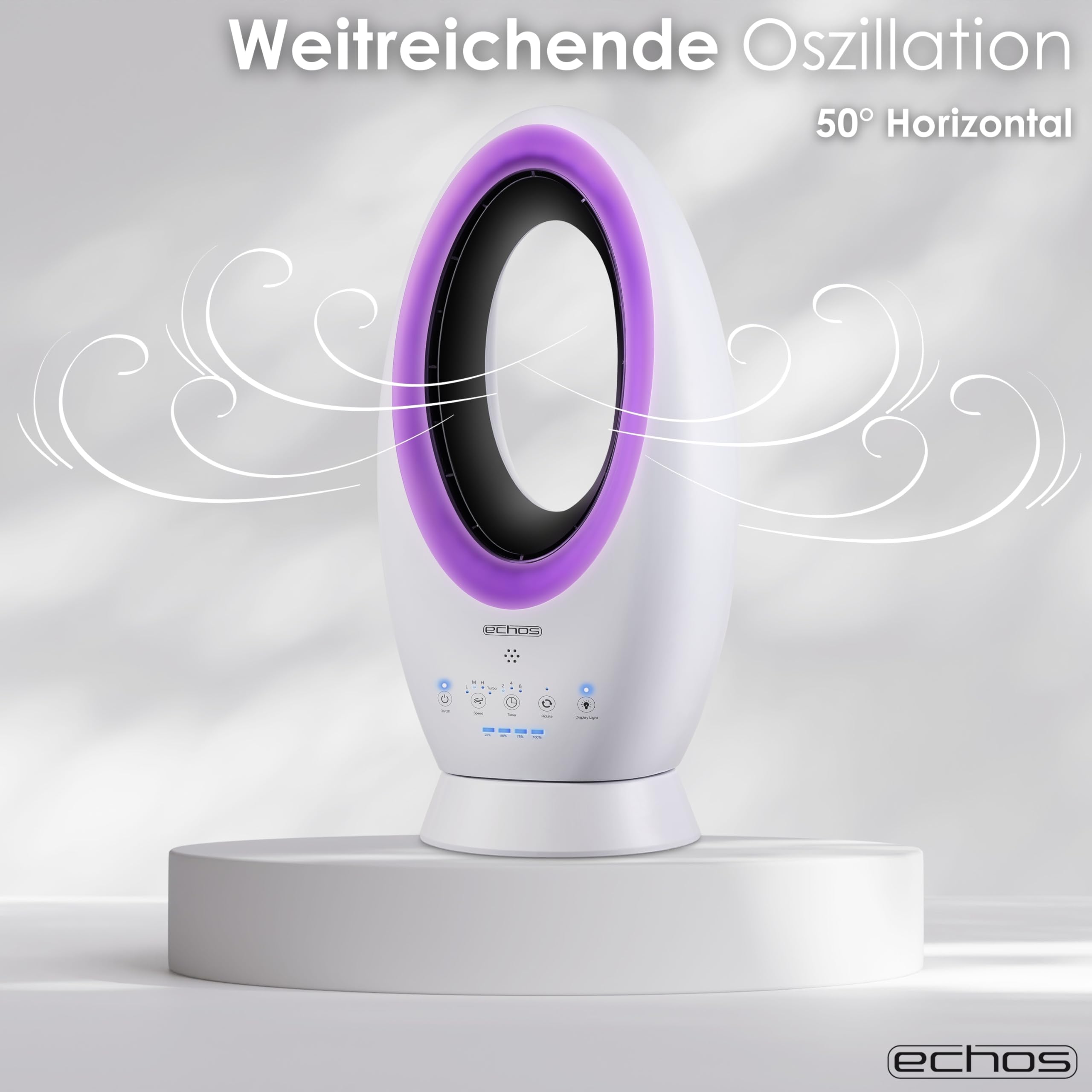 Echos®- 2-in-1 Design Akku Turmventilator Standventilator mit Fernbedienung kabellos - Akku- oder Strombetrieb - Leiser Ventilator Tischventilator oszillierend - Fernbedienung LED Beleuchtung