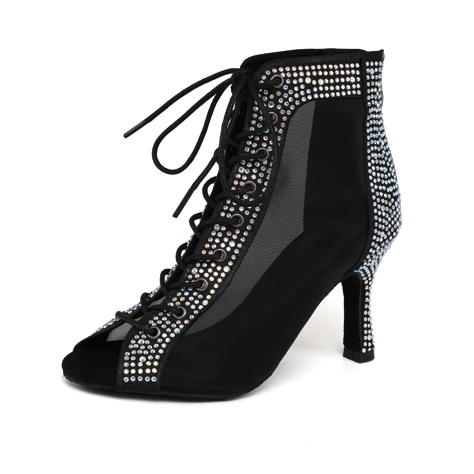 SWDZM Stivaletto Ballo Latino Donna Strass Punta Aperta | Tomaia in raso,suola in camoscio,tacco di 8,5 cm,chiusura con cerniera e lacci,ideali per le ballerine,traspiranti,leggere