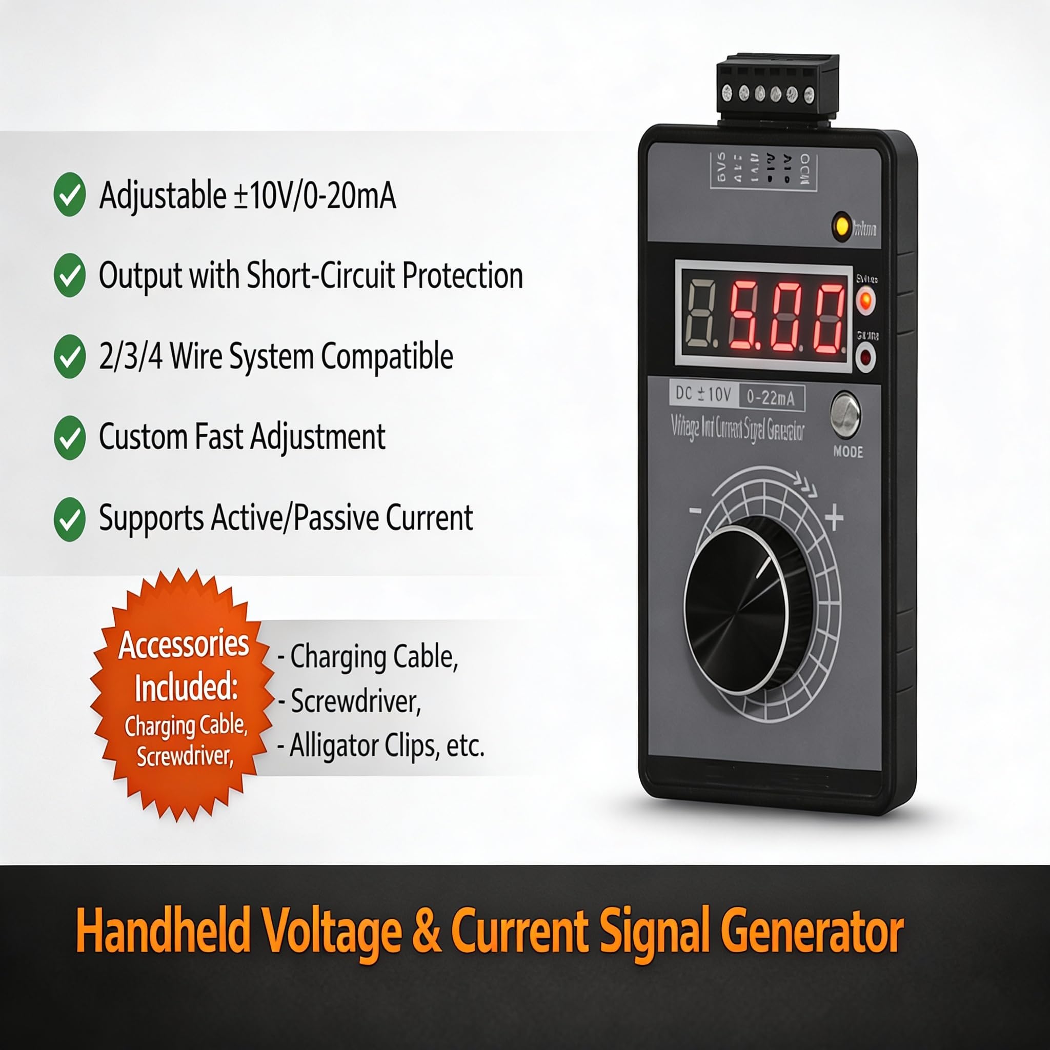 Générateur de Signal Portable, 0-10V 0-22mA Générateur de Signal de Courant de Tension, Calibrateur de Source de Signaux Analogiques, Ajustable Simulateur Analogique de Tension et de Courant Réglable