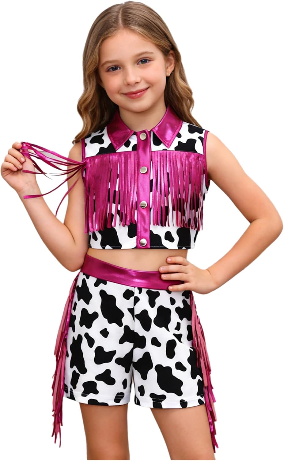 Kids Girls 2 Pieces Print Western Cowgirl Outfit Cow Printing Sleeveless Fringed Top and Shorts for Parties Hot Pink 14 Years