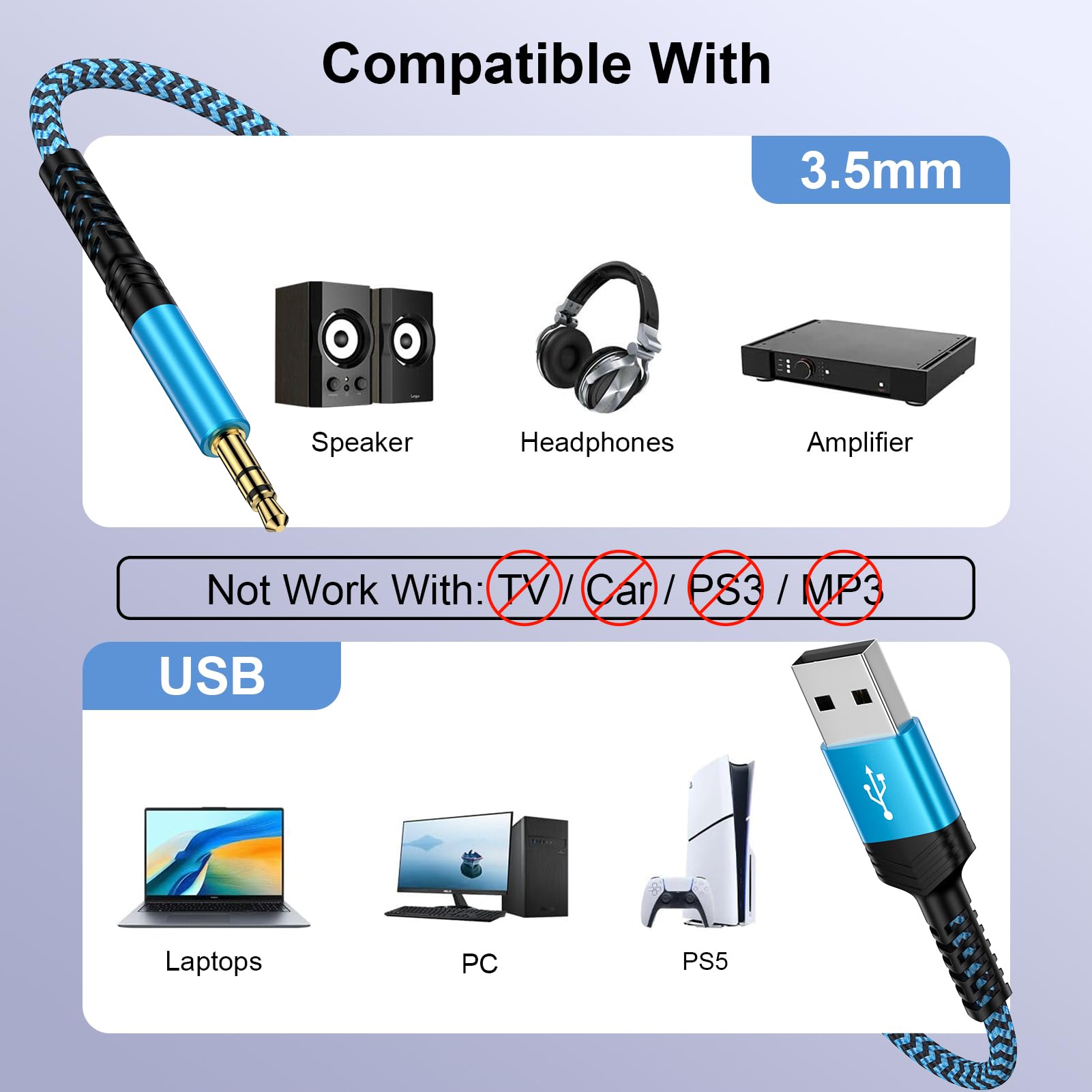 Cavo audio AUX da USB A a 3,5 mm, adattatore intrecciato da USB maschio a jack AUX da 90 cm