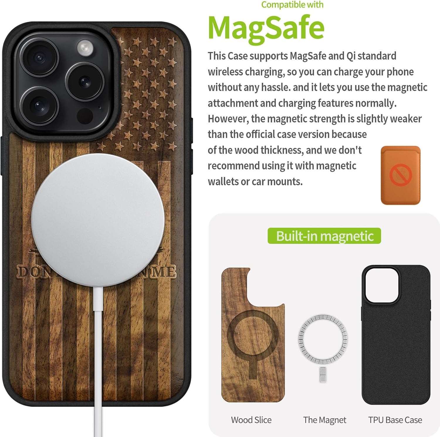 Carveit Magnetic Wooden Case for iPhone 16 Pro Case, Wood Artisan Engraved & Black Soft TPU Shockproof Cover, Compatible with MagSafe Wireless Chargers (Gadsden and American Flag) Walnut
