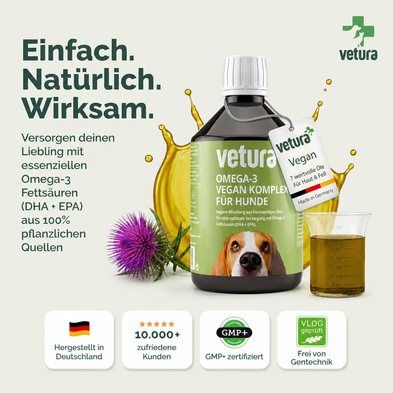 Omega-3 Öl Hund 100% vegan 2x500ml - Algenöl & DHA für Haut & Fell | Über 30 % Omega-3 (DHA & ALA) für eine ausgeglichene Nährstoffzufuhr im täglichen Futterplan, ideal zur BARF-Fütterung.
