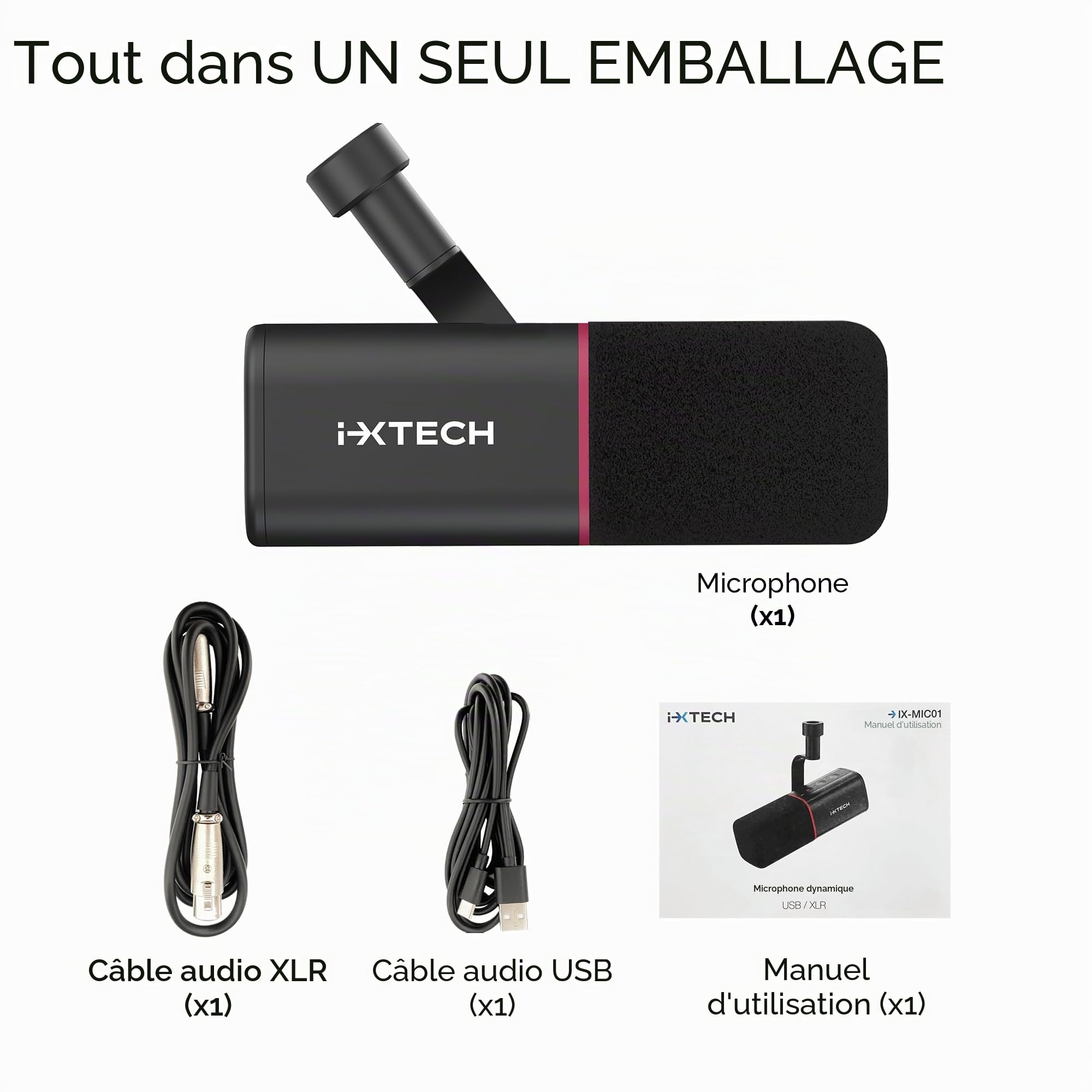 IXTECH Microphone Dynamique cardioïde avec Cache-Micro, Microphone Vocal USB XLR pour podcasting, Streaming, Enregistrement, Jeux et Voix Off (Noir)