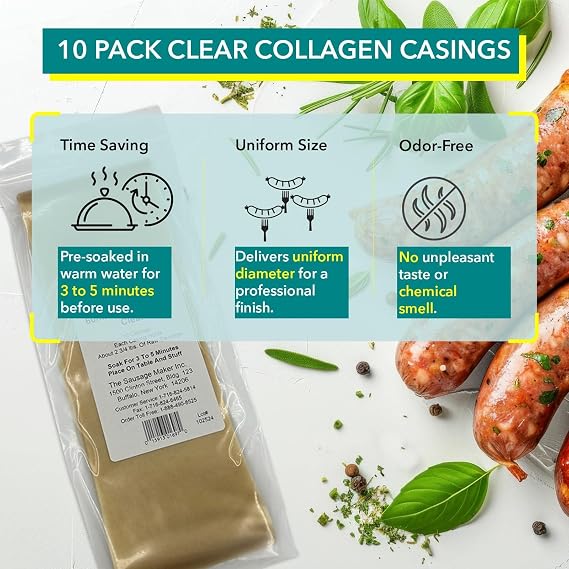 The Sausage Maker 60mm Clear Collagen Casings For Sausage Making - 10 Pack, Non-Edible Casing For Cooked, Semi-Dry, Dried Sausage, 2 3/8 Diameter 24 Long, Stuff 1.3 Lbs Meat Per Case