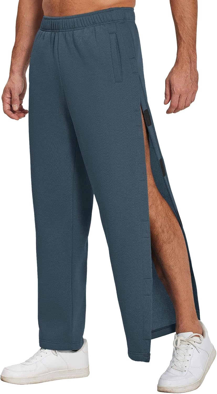Deyeek Mens Fleece Tear Away Pants Loose Fit Post Knee Replacement Surgery Pants Breakaway Sweatpants Side Snap with Pockets