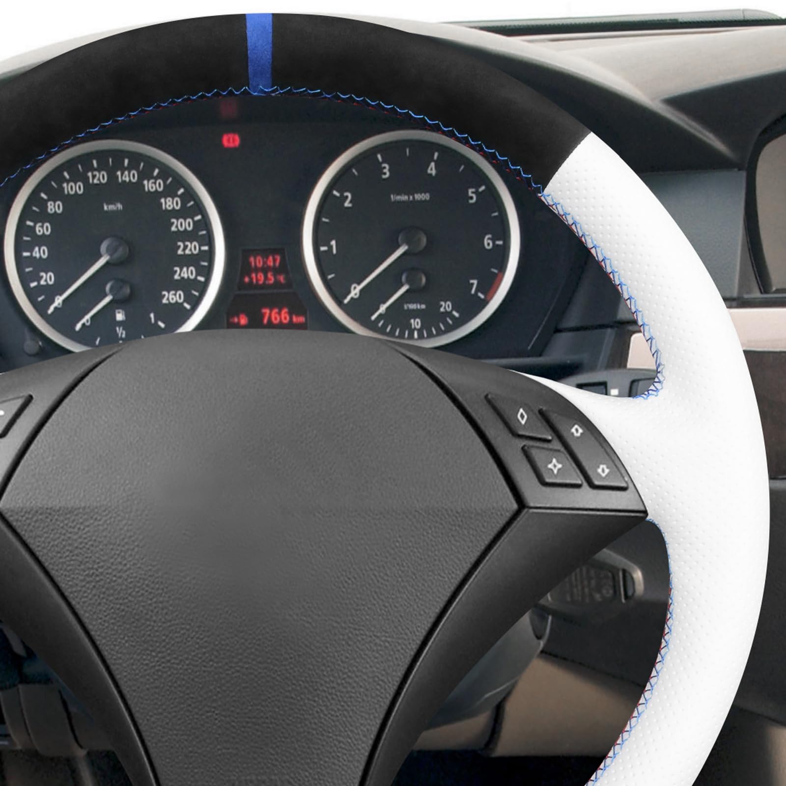 MEWANT funda para volante de cuero blanco con costura DIY para E60 (sedán) 530d 2003-2009 E61 (touring) 2004-2009 Accesorios para volante para E60 530