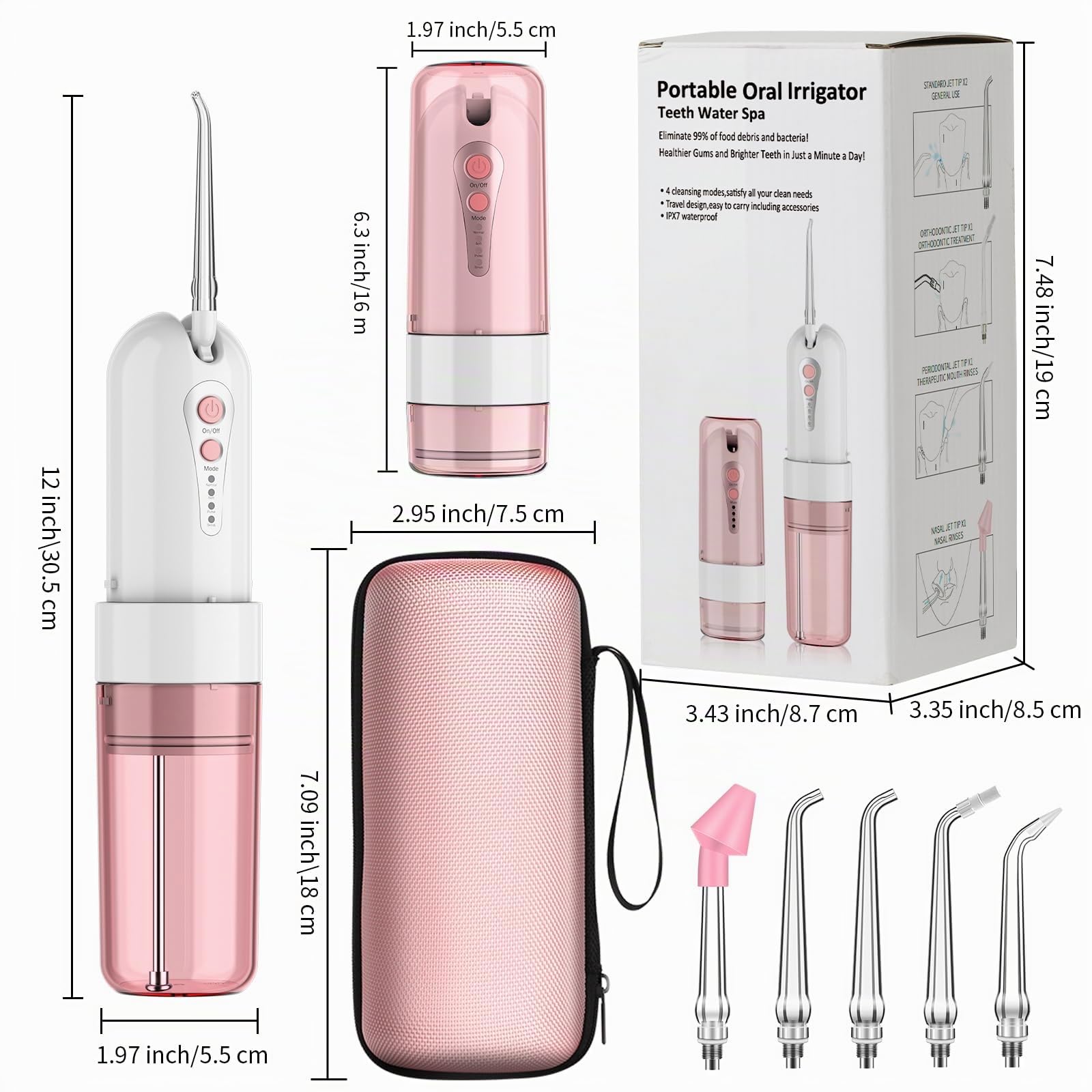 Idropulsore Dentale Portatile Rosa Senza Fili, Irrigatore Orale Ricaricabile con Custodia da Viaggio, 4 Modalità & 5 Beccucci, Spruzzino Elettrico per Denti IPX7 Impermeabile per Casa e Viaggio