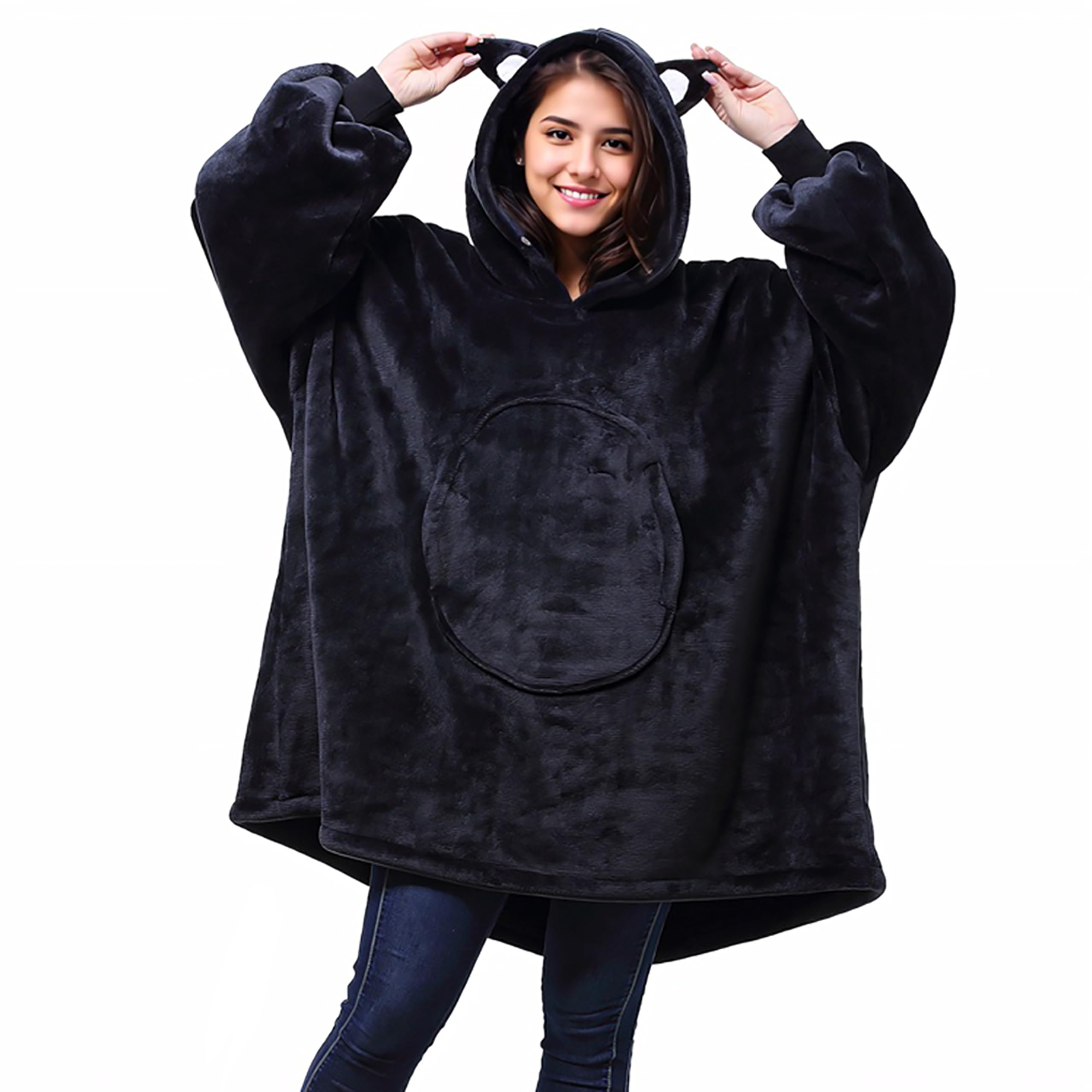 Oversized Blanket Sweatshirt, Super Soft Warm Cozy Wearable Sherpa Hoodie for Adults & Children, Reversible, Hood & Large Pocket, One Size, Black