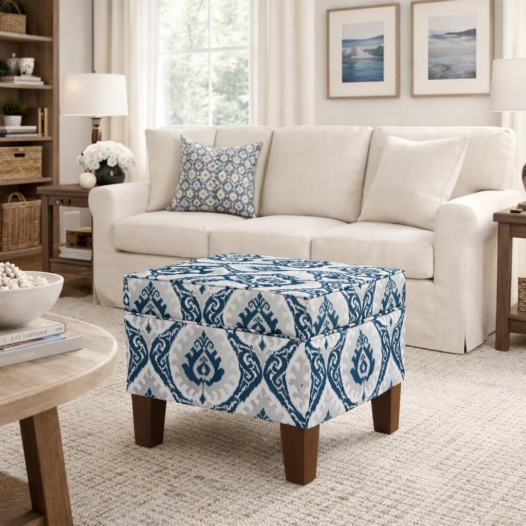 Homepop Home Decor |K7646-A877| Upholstered Modern Rectangular Storage Ottoman | Hinged Lid Ottoman with Storage for Living Room & Bedroom, Blue Ikat Medallion Print