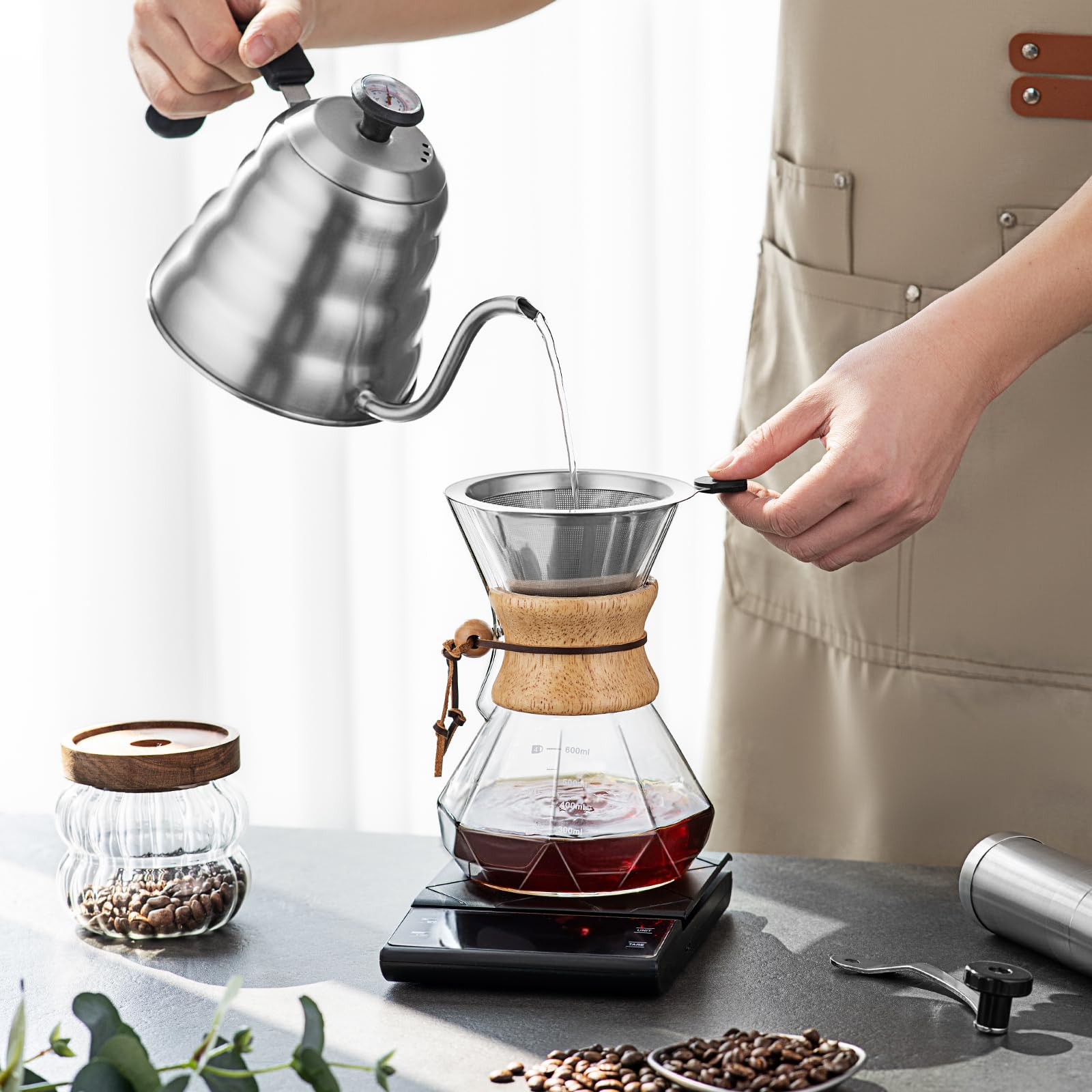 Pour Over Kaffeebereiter-Set – 1,2 l Schwanenhals-Wasserkocher mit Thermometer, Kaffeemühle & 590 ml Tropfkaffeemaschine – Edelstahl Pour Over Kaffee-Set
