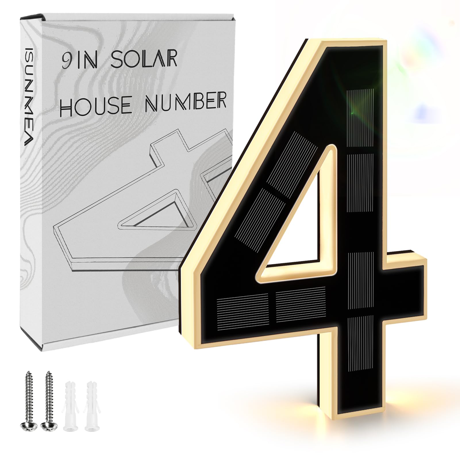 ISUNMEA 9 Inch Solar Lighted House Numbers for Outside, Light Up Waterproof LED Address Numbers Signs for Houses, Large Personalized Illuminated Exterior Modern House Numbers Light (4-Black, 9IN)