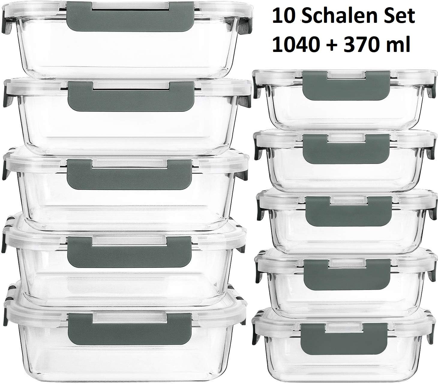 Visario Set di 10 contenitori in vetro (20 pezzi) – 5 x 1040 ml & 5 x 370 ml, ermetici Bento, senza BPA, adatti al microonde e alla lavastoviglie, Meal Prep