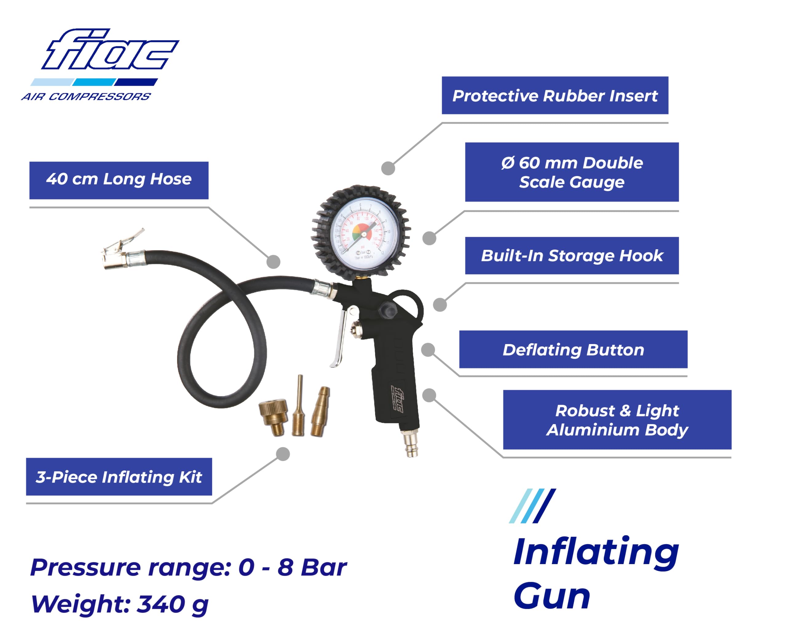 FIAC Pistola Gonfiaggio Pneumatici per Compressore, Inclusi Gonfiagomme con Manometro e 3 Punte di Gonfiaggio, Gonfiagomme con Design Compatto, Pressione Max. 8 Bar, Nero