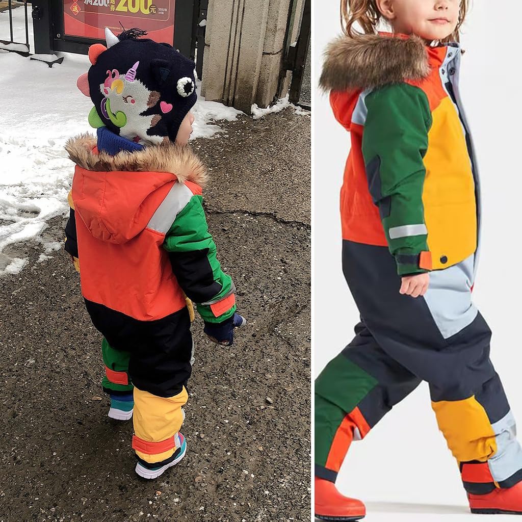 linboo Unisex Kinder Skioverall Wasserdicht Schneeanzug mit Kapuze Atmungsaktiv Schneeoverall Winddicht Skianzug für Jungen Mädchen Verdickt Warm Winteranzug