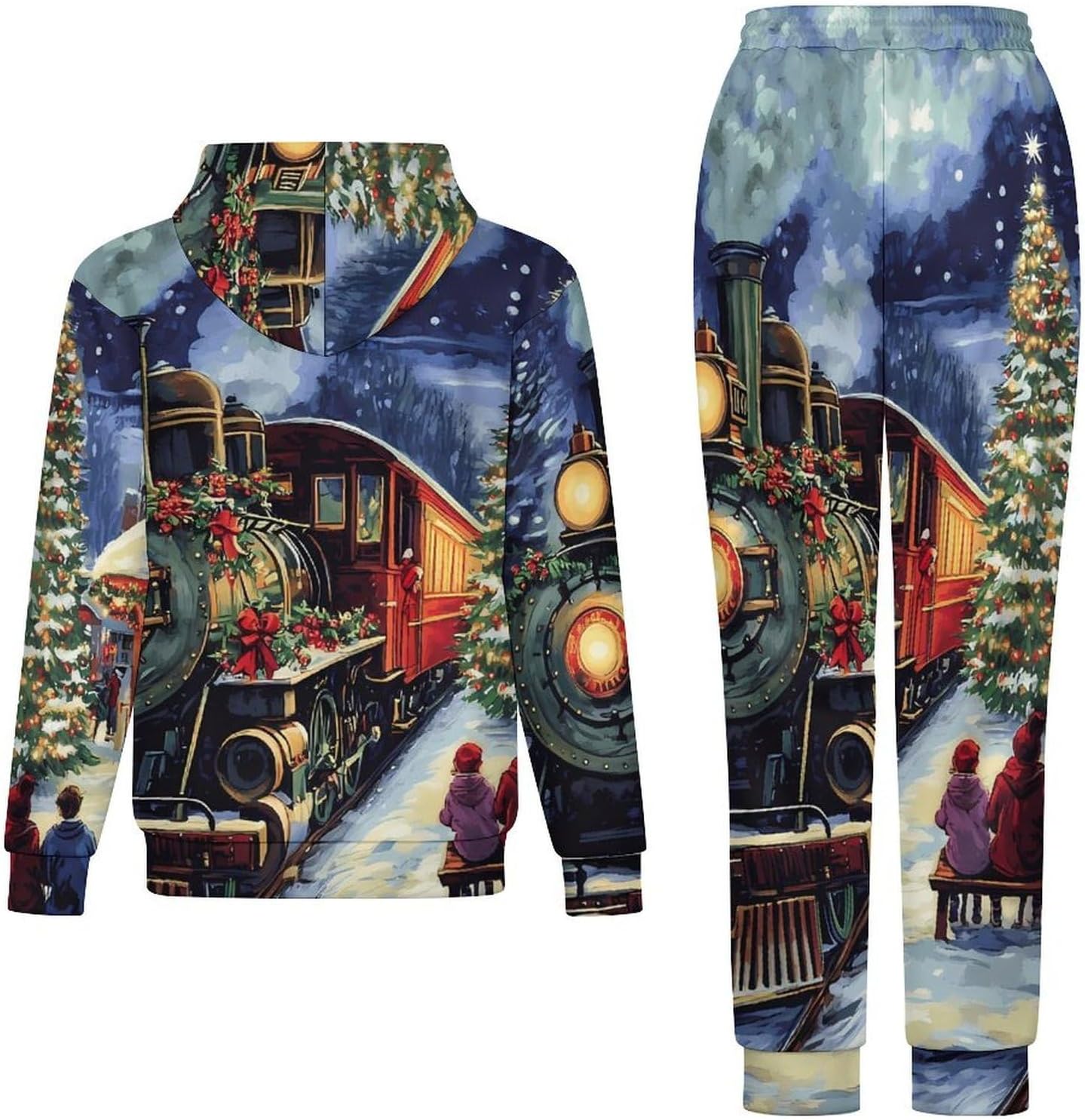 Snowy Train Men's Hooded Set Casual 2 Pieces Suits Pullover Tracksuit Hoodies And Sweatpants
