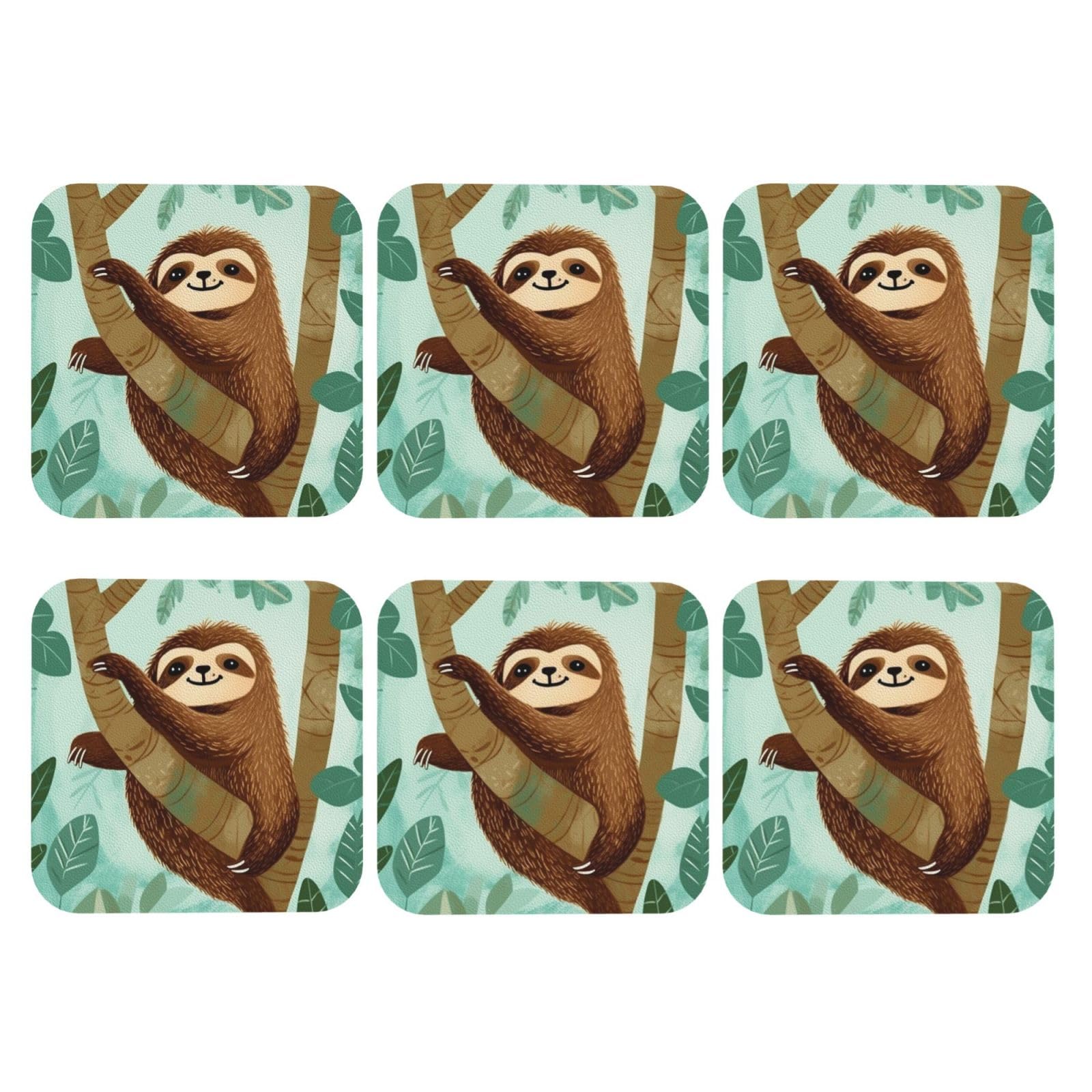 6pcs Leather Coasters for Drinks, Hug Tree Sloth Drink Coasters for Tabletop Protection, 4" Cup Coasters for Coffee Table Decor, Non-Slip Drinking Cup Mat for Hot Or Cold Drink