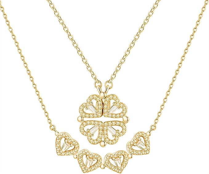 Collar de trébol de cuatro hojas Hanaoops para mujer. Un collar de trébol de cuatro hojas que cambia de forma, lleno de diamantes, con colgante de corazón magnético desmontable para niñas en San Valentín.