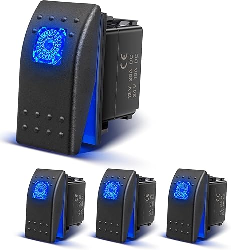 Anina Juego de 4 interruptores basculantes de 4 pines SPST 20A12V 10A24V con calcomanía de brillo nocturno, luz LED azul, impermeable, interruptor